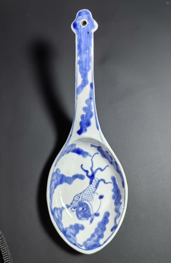 古玩陶瓷青花金魚滕王閣大號勺子調(diào)羹一對拍賣，當(dāng)前價格1488元