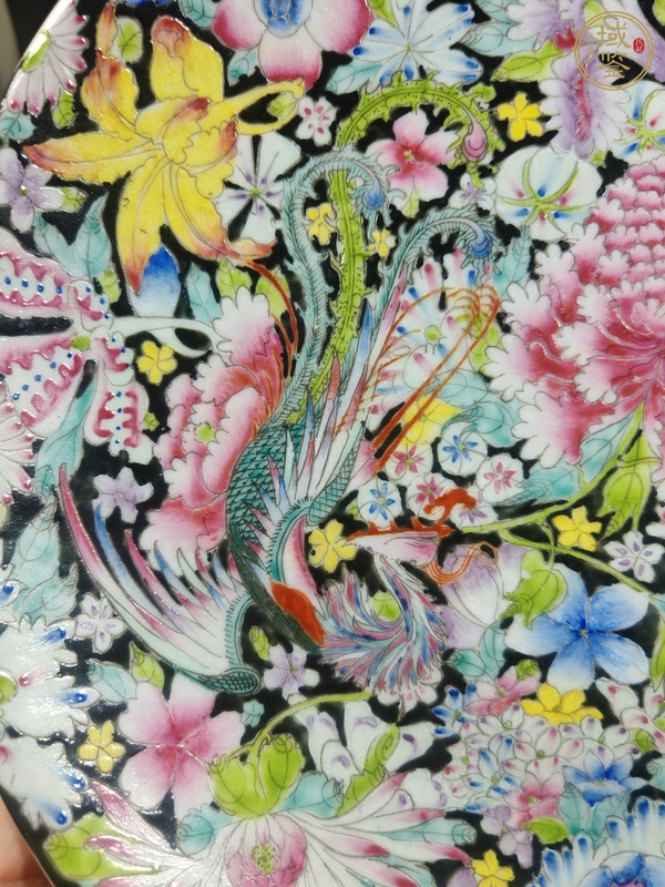 古玩陶瓷墨地粉彩龍鳳紋盤(pán)真品鑒賞圖