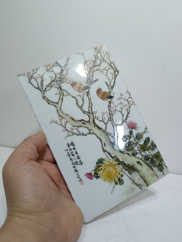 古玩陶瓷民國丁景春粉彩花鳥紋瓷板拍賣，當(dāng)前價(jià)格9500元