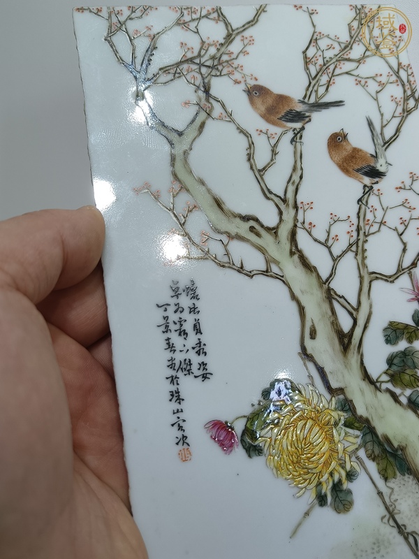 古玩陶瓷粉彩花鳥(niǎo)紋瓷板真品鑒賞圖