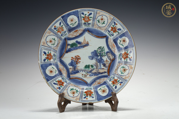 古玩清康熙·青花五彩山水花卉紋折沿盤真品鑒賞圖