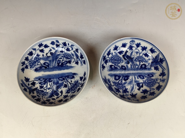 古玩陶瓷晚清錦雞牡丹花卉紋青花盤一對真品鑒賞圖