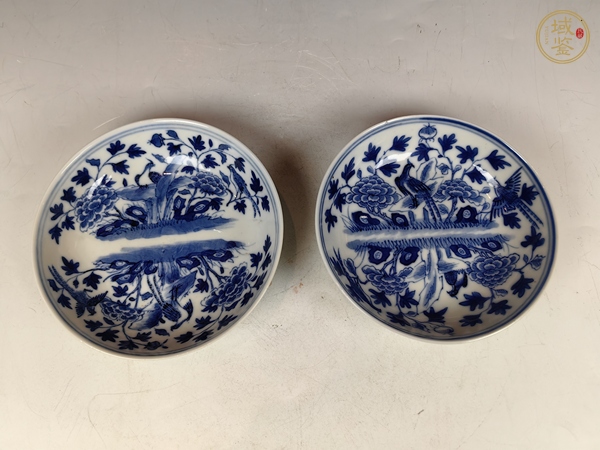 古玩陶瓷晚清錦雞牡丹花卉紋青花盤一對真品鑒賞圖