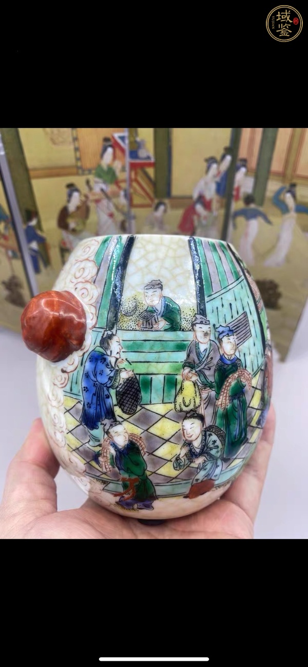 古玩陶瓷五彩人物故事紋獸耳罐真品鑒賞圖