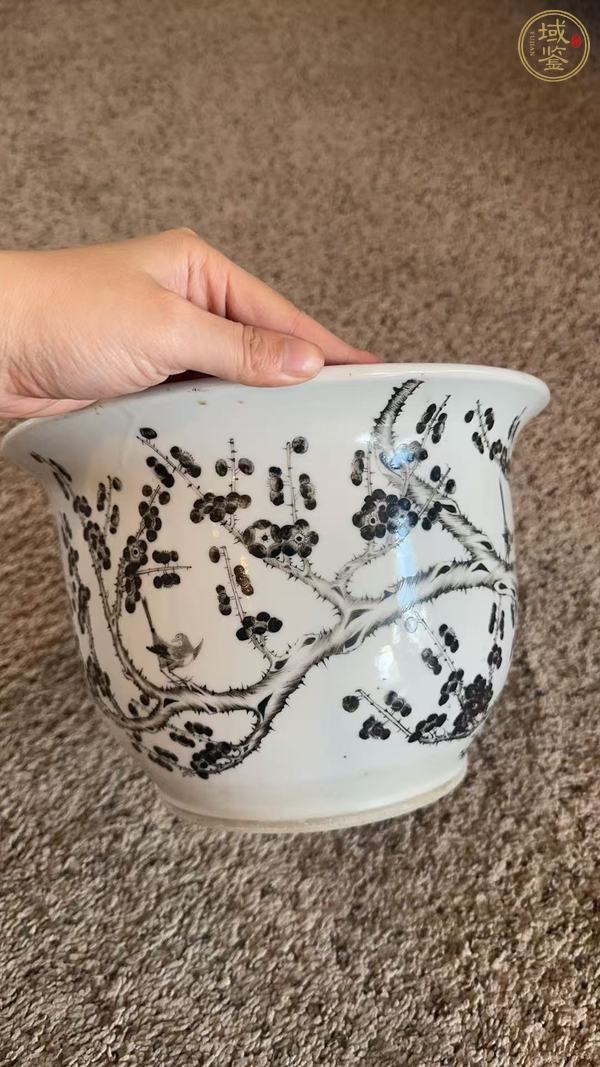 古玩陶瓷墨彩喜鵲登梅紋花盆真品鑒賞圖