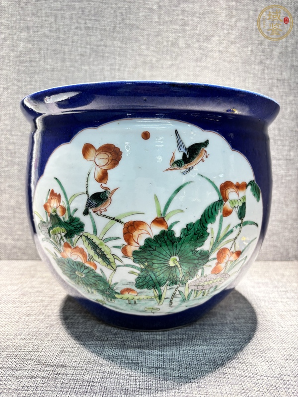古玩陶瓷祭藍(lán)釉五彩荷塘花鳥(niǎo)紋卷缸真品鑒賞圖