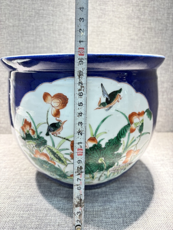 古玩陶瓷祭藍釉五彩荷塘花鳥紋卷缸拍賣，當前價格12000元