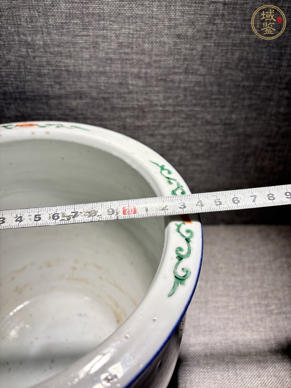 古玩陶瓷祭藍(lán)釉五彩荷塘花鳥(niǎo)紋卷缸真品鑒賞圖