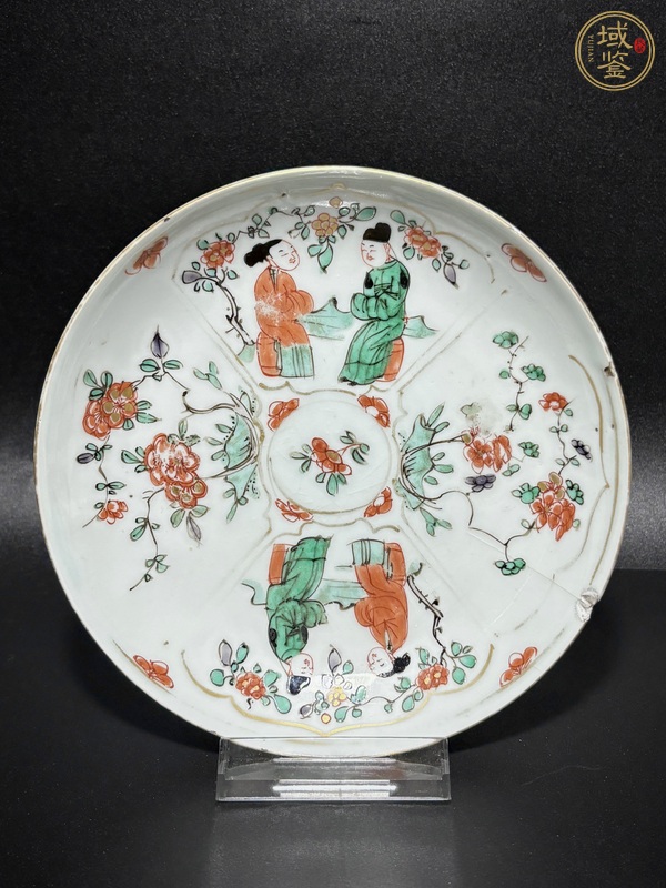 古玩陶瓷五彩人物花卉紋臥盤真品鑒賞圖