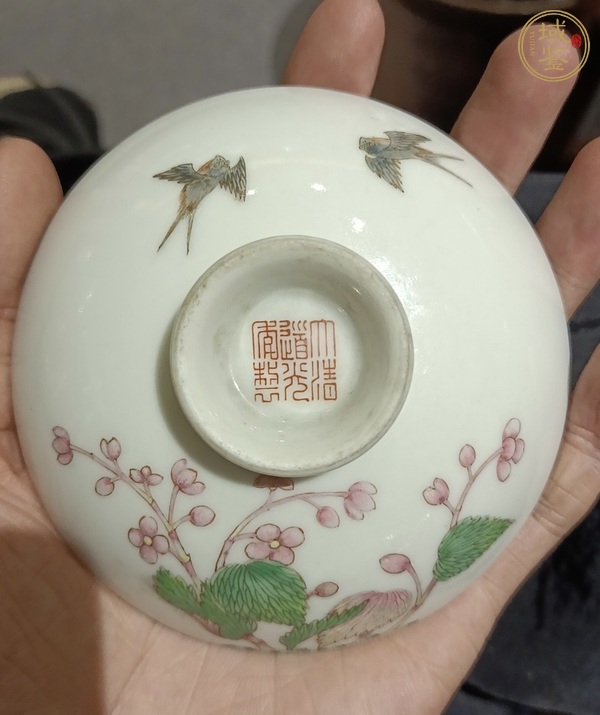 古玩陶瓷粉彩海棠春燕紋蓋真品鑒賞圖