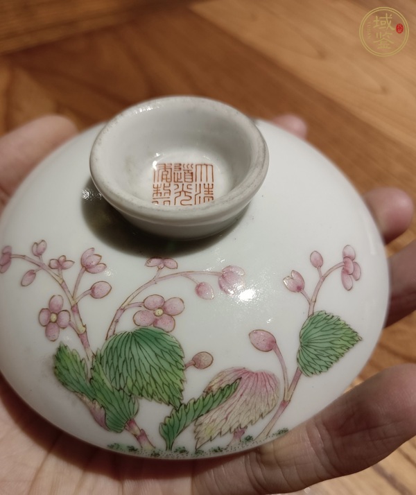 古玩陶瓷粉彩海棠春燕紋蓋真品鑒賞圖