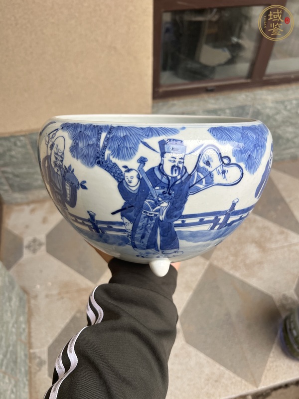 古玩陶瓷三星高照?qǐng)D青花三乳足缽式香爐真品鑒賞圖
