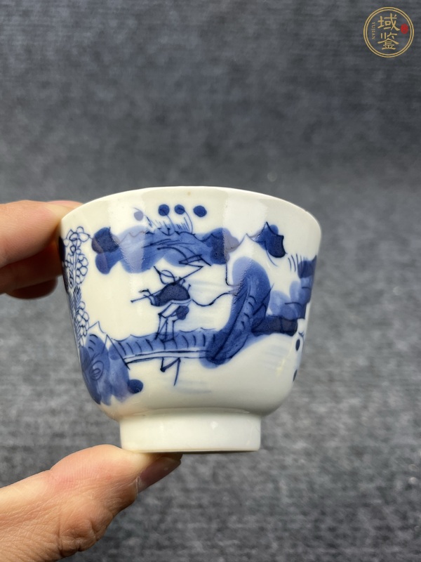 古玩青花漁樵耕讀仰鐘杯真品鑒賞圖