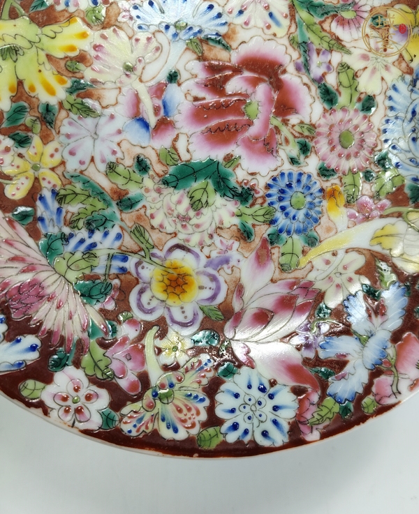 古玩陶瓷粉彩百花不落地紋盤真品鑒賞圖