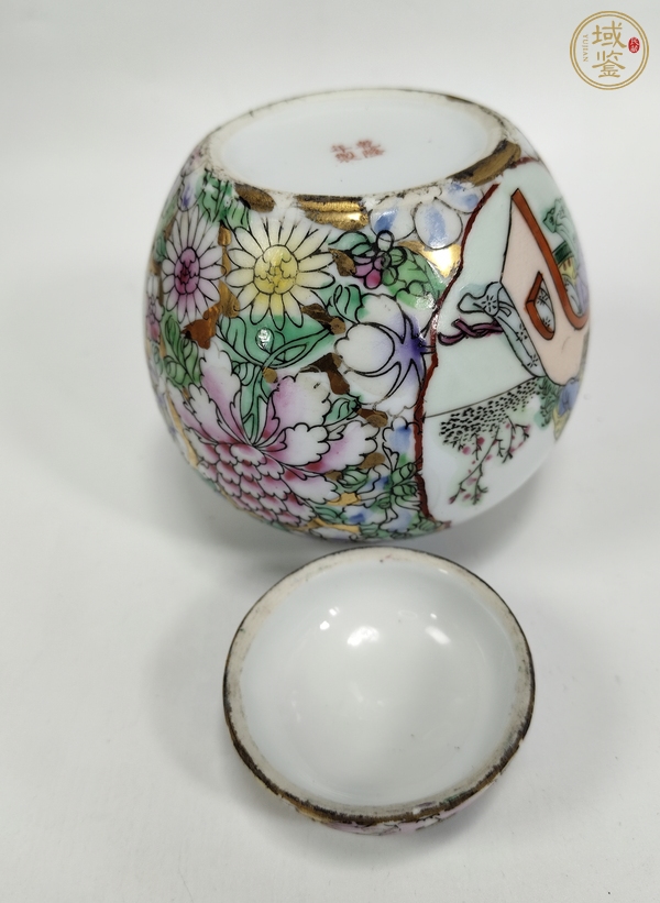 古玩陶瓷粉彩百花開窗仕女人物紋蓋罐真品鑒賞圖