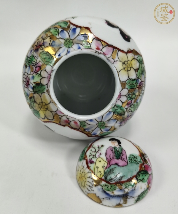 古玩陶瓷粉彩百花開窗仕女人物紋蓋罐真品鑒賞圖