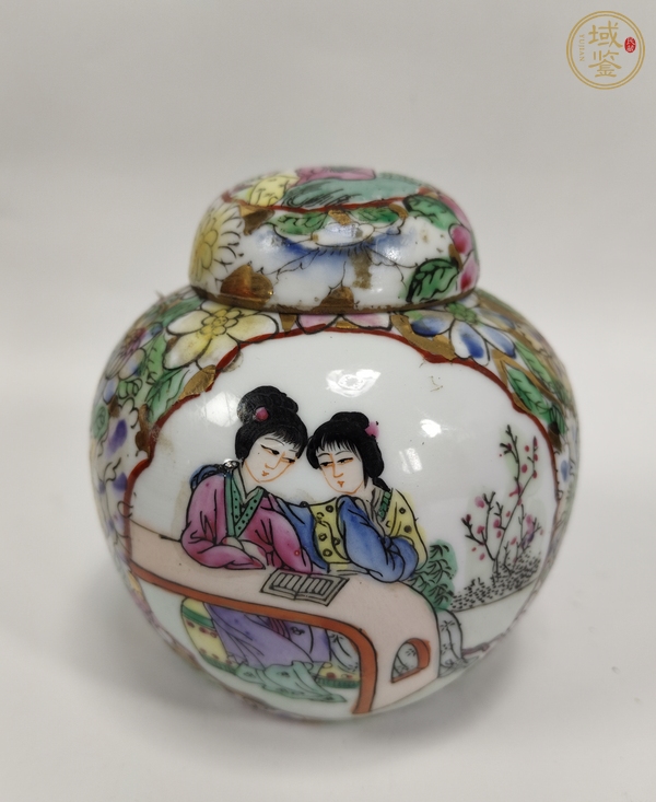 古玩陶瓷粉彩百花開窗仕女人物紋蓋罐真品鑒賞圖
