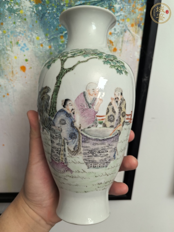 古玩陶瓷粉彩人物故事紋撇口瓶真品鑒賞圖