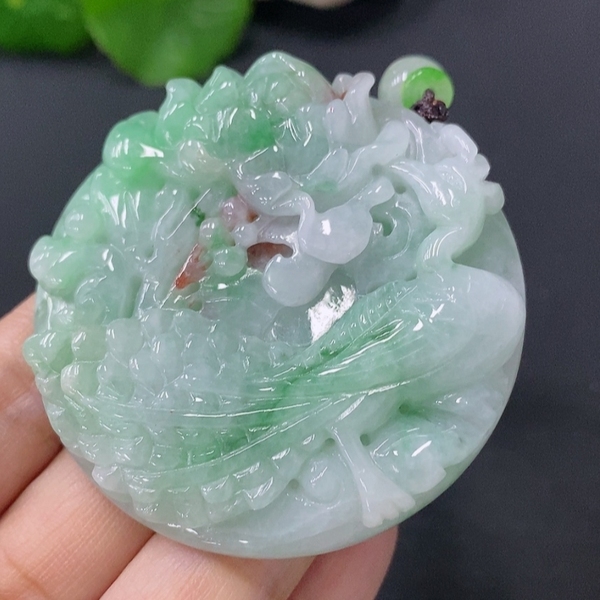 古玩玉器天然翡翠鳳戲牡丹玉墜(帶翡翠鑒定證書)拍賣，當(dāng)前價格3500元