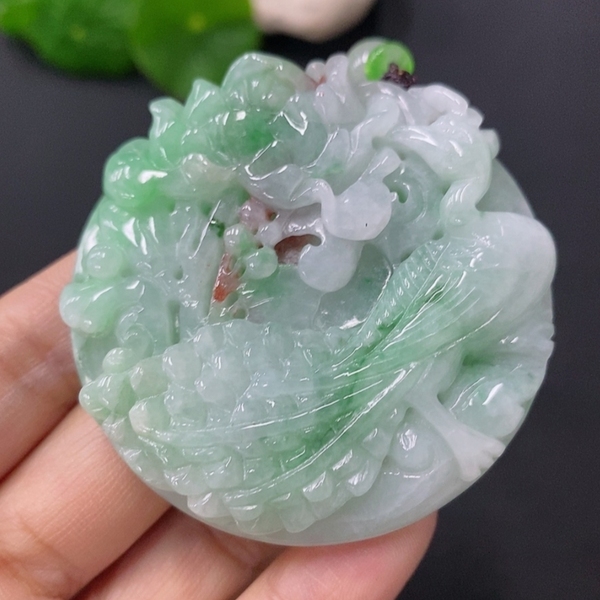 古玩玉器天然翡翠鳳戲牡丹玉墜(帶翡翠鑒定證書)拍賣，當(dāng)前價格3500元