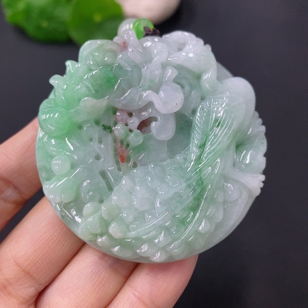 古玩玉器天然翡翠鳳戲牡丹玉墜(帶翡翠鑒定證書)拍賣，當(dāng)前價格3500元