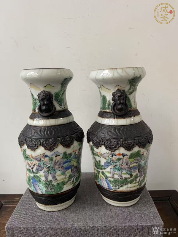 古玩陶瓷哥釉鐵骨泥雙獸耳人物故事瓶真品鑒賞圖