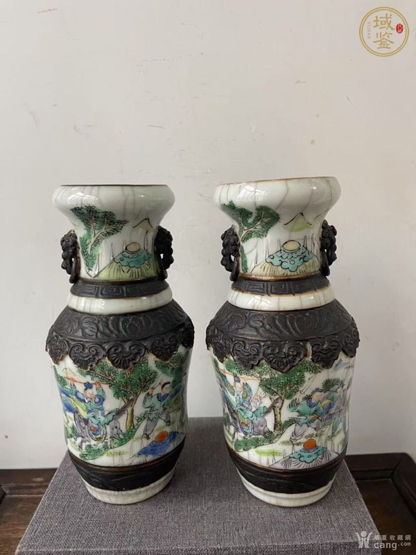 古玩陶瓷哥釉鐵骨泥雙獸耳人物故事瓶真品鑒賞圖