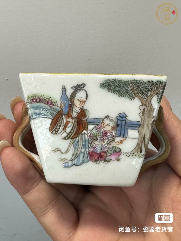 古玩陶瓷粉彩人物四方杯（疑似補(bǔ)彩）真品鑒賞圖