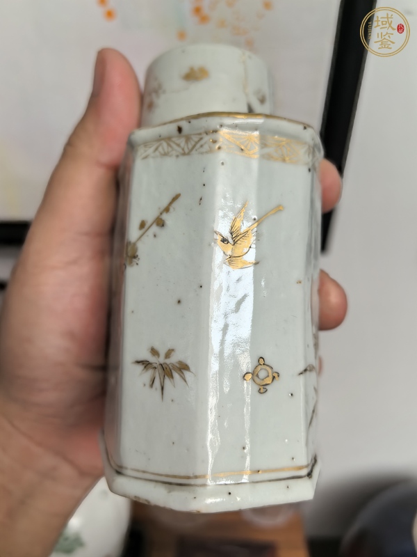 古玩陶瓷康熙描金花鳥茶葉罐真品鑒賞圖