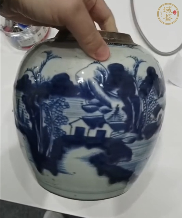 古玩陶瓷青花山水人物紋罐，模糊，偏老真品鑒賞圖