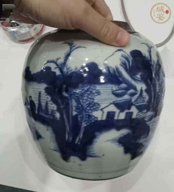 古玩陶瓷青花山水人物紋罐，模糊，偏老真品鑒賞圖