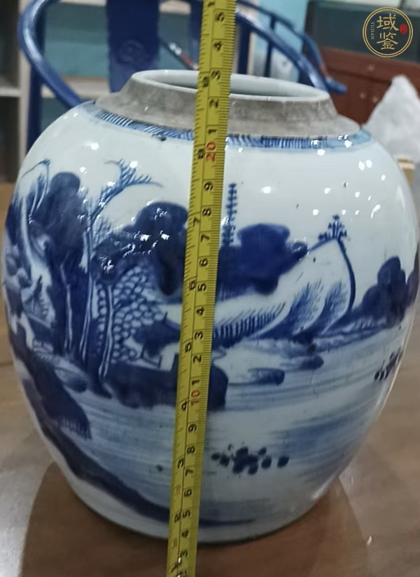 古玩陶瓷青花山水人物紋罐，模糊，偏老真品鑒賞圖