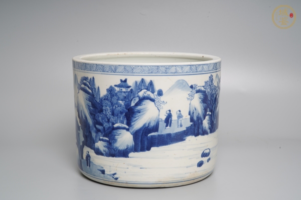 古玩陶瓷青花山水人物筆筒真品鑒賞圖