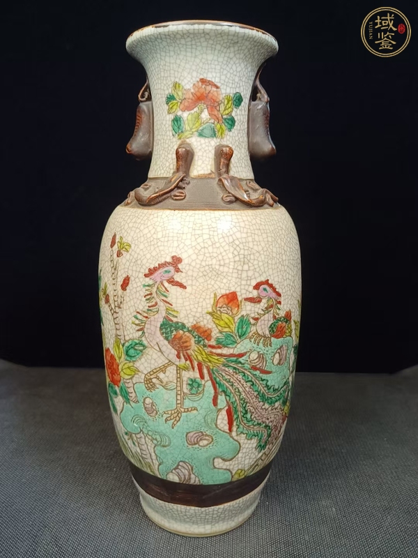 古玩哥釉地鐵銹釉鳳凰牡丹紋瓶真品鑒賞圖