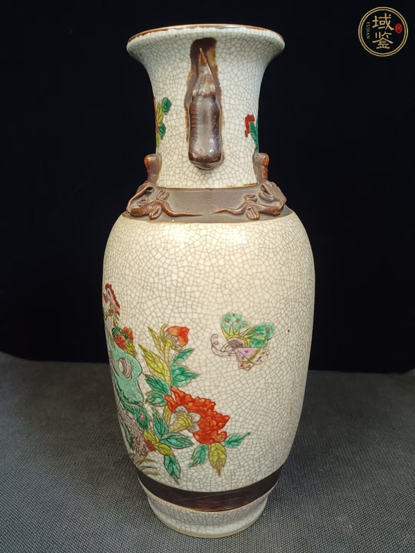 古玩陶瓷哥釉地鐵銹釉鳳凰牡丹紋瓶真品鑒賞圖