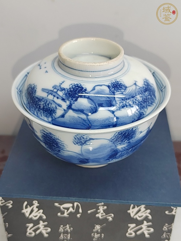古玩陶瓷日本明治青花山水人物蓋碗真品鑒賞圖
