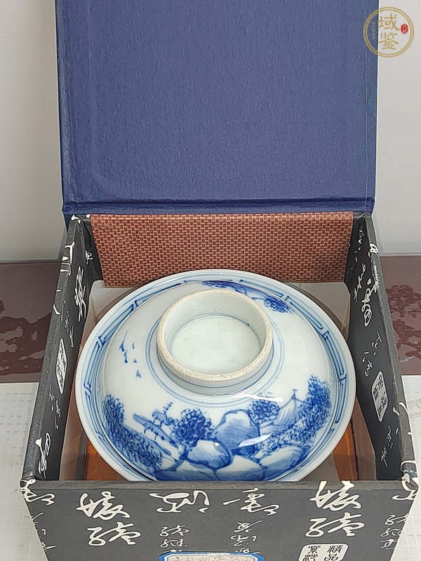 古玩陶瓷日本明治青花山水人物蓋碗真品鑒賞圖