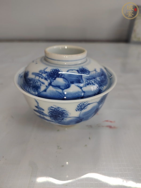 古玩陶瓷日本明治青花山水人物蓋碗真品鑒賞圖