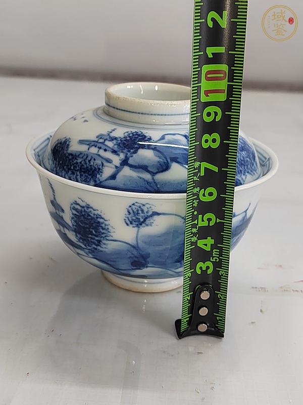 古玩陶瓷日本明治青花山水人物蓋碗真品鑒賞圖