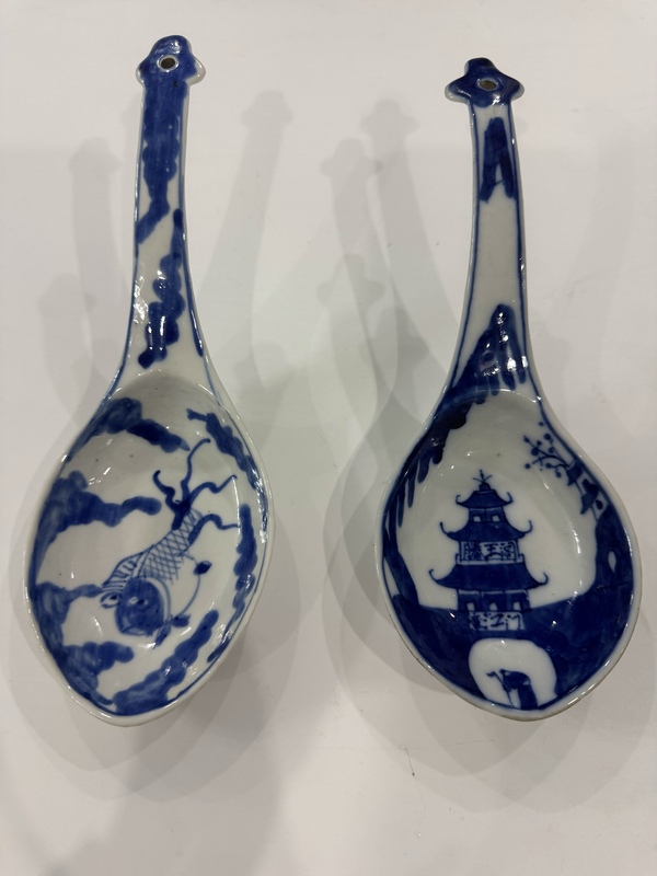 古玩陶瓷青花金魚滕王閣大號勺子調(diào)羹一對拍賣，當(dāng)前價格1488元