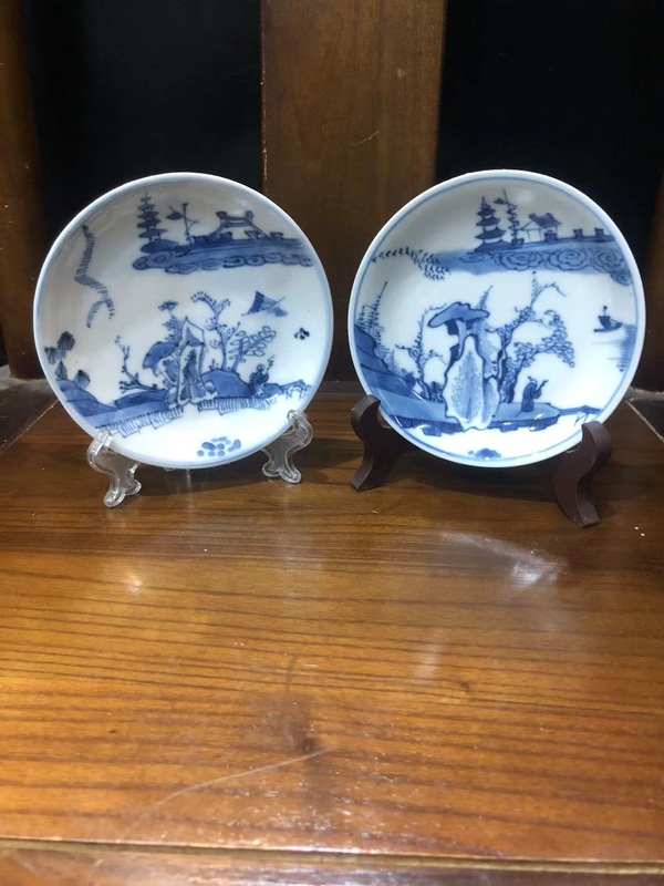 古玩陶瓷（精品賞碟）清·康熙·訪友圖·青花賞碟一對拍賣，當前價格1116元