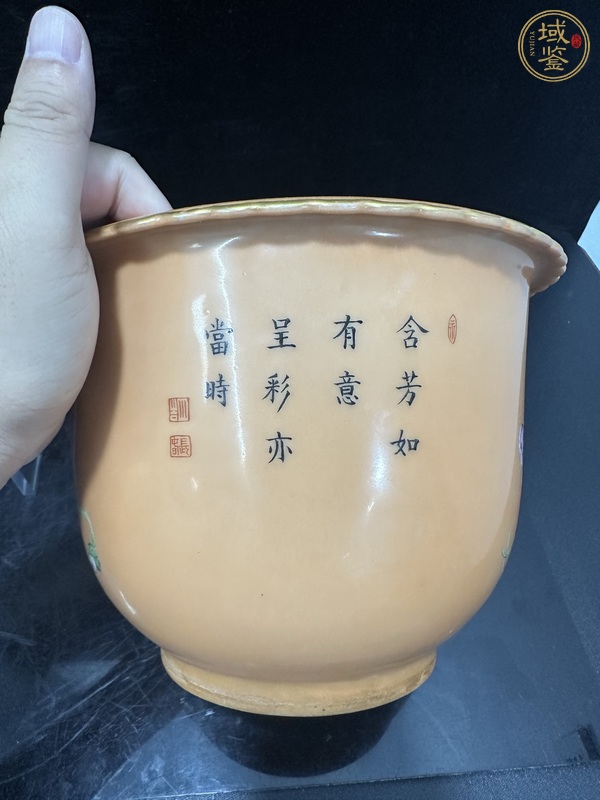 古玩陶瓷琺瑯彩花卉詩文花口花盆真品鑒賞圖