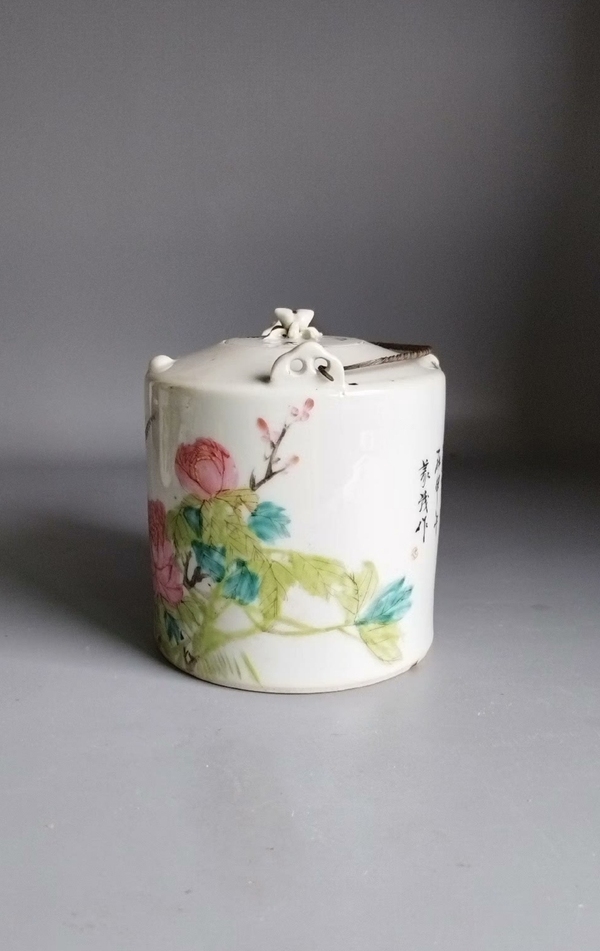 古玩陶瓷清晚期淺絳彩花鳥詩文提梁壺拍賣，當前價格1200元