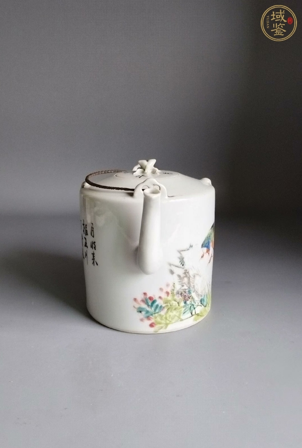 古玩陶瓷淺絳花鳥詩文提梁壺真品鑒賞圖