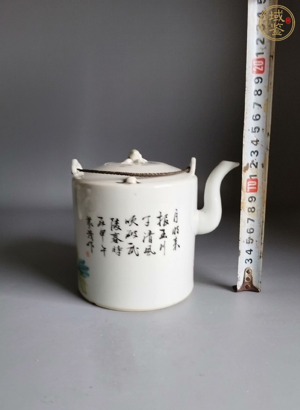 古玩陶瓷淺絳花鳥詩文提梁壺真品鑒賞圖