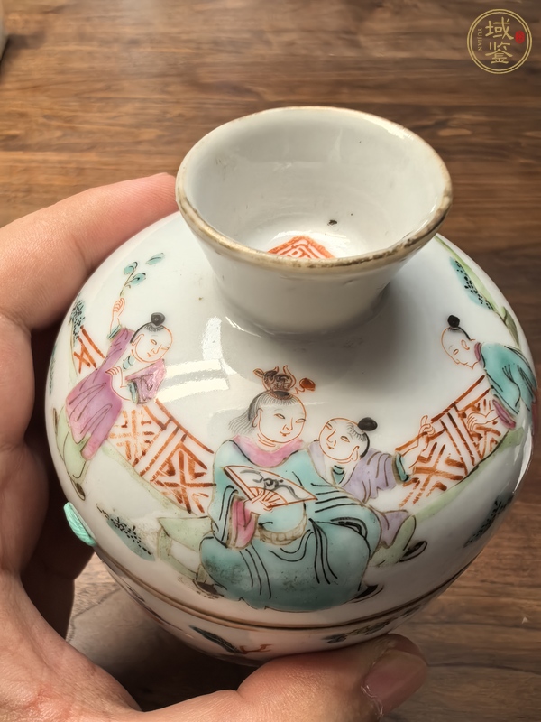 古玩陶瓷粉彩教子圖蓋缸真品鑒賞圖