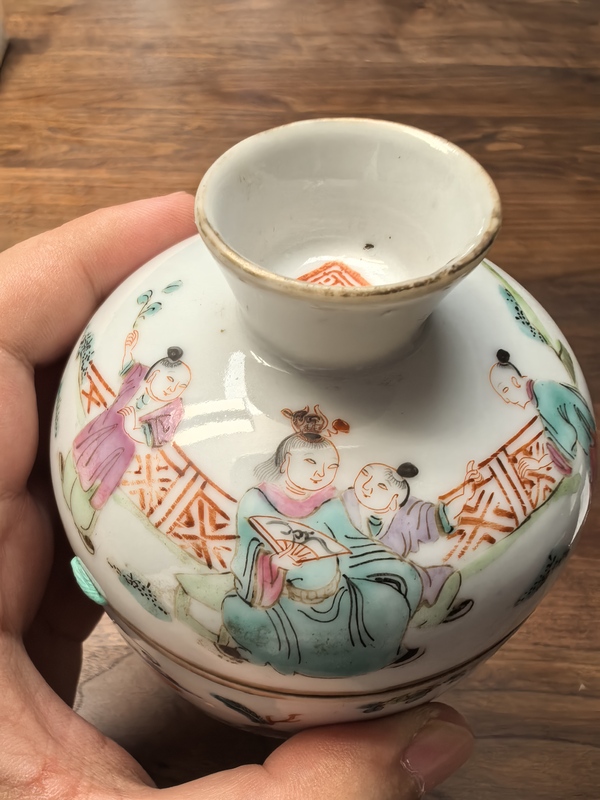 古玩陶瓷晚清同治粉彩教子圖蓋缸拍賣(mài)，當(dāng)前價(jià)格2850元