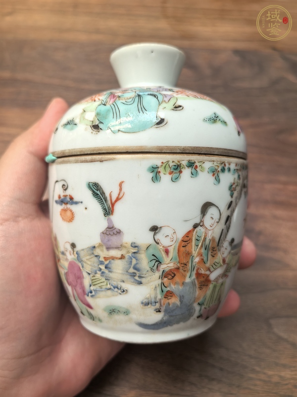 古玩陶瓷粉彩教子圖蓋缸真品鑒賞圖