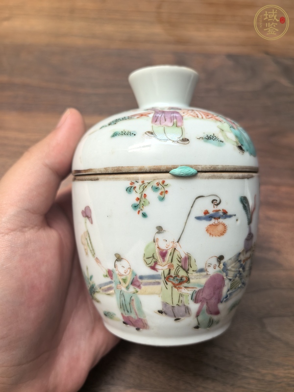 古玩陶瓷粉彩教子圖蓋缸真品鑒賞圖