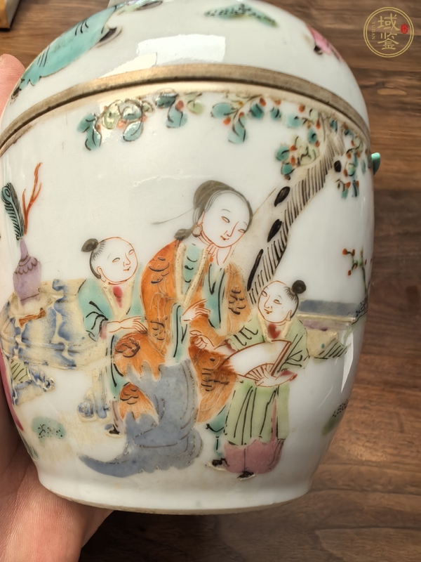 古玩陶瓷粉彩教子圖蓋缸真品鑒賞圖